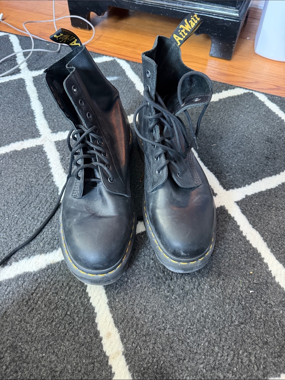 Dr. Martens Black Leather 8-Eye Lace-Up Combat Boots with Yellow Stitching